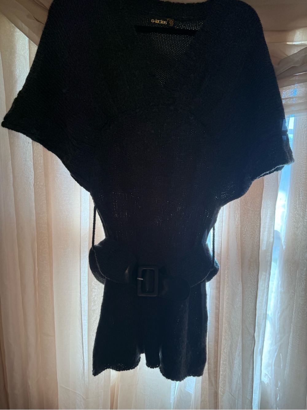 Women's Black V-Neck Belted Sweater